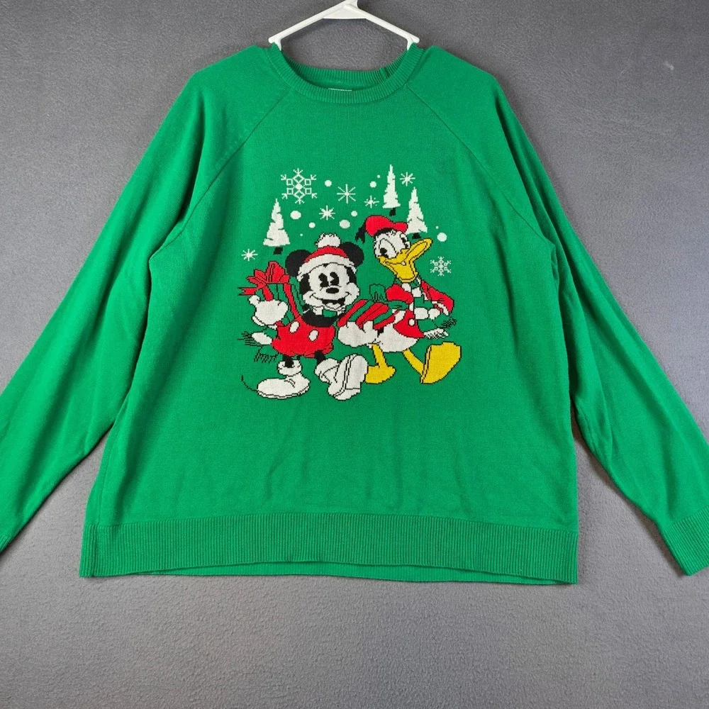 Disney Mickey Mouse Donald Duck Sweater Mens Large Green Christmas Graphic Knit